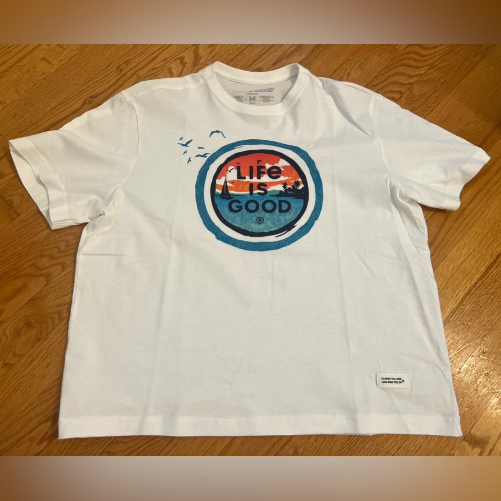 Life Is Good White Short Sleeve Tee with Blue and Orange Circular Graphic